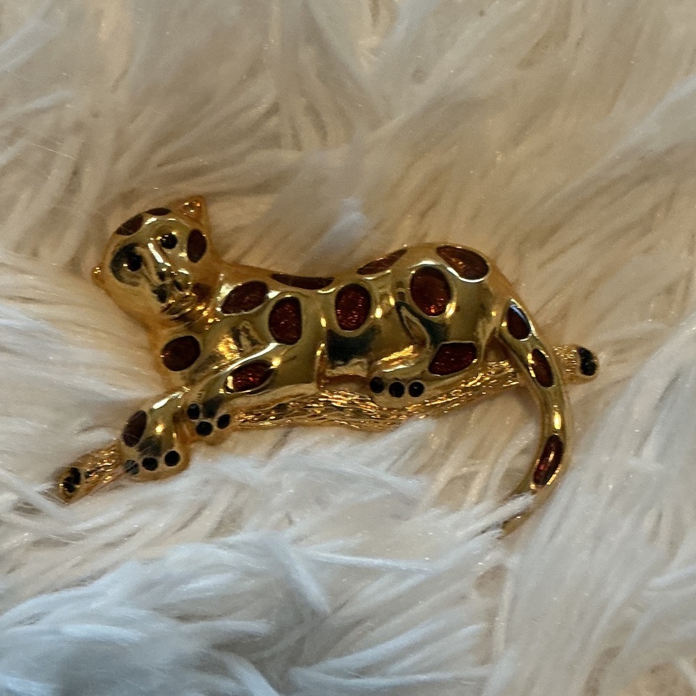 Premier Designs Vintage Gold Tone Leopard Brown Enamel Brooch Pin